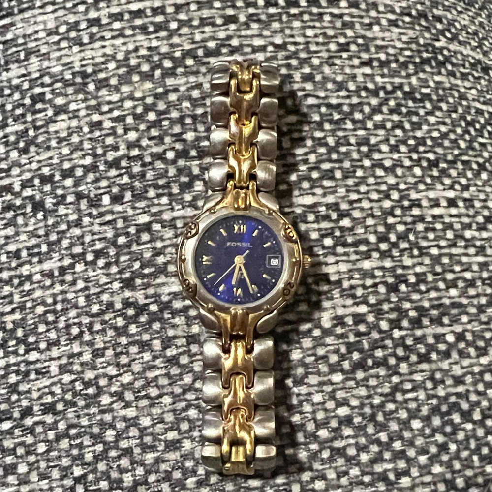 Fossil F2 Date Blue Dial Gold Silver Tone Women Watch Quartz ES-8954